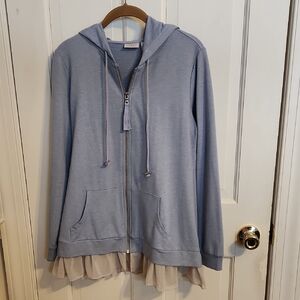 LOGO by Lori Goldstein Light Blue Hoodie with Cream Ruffle